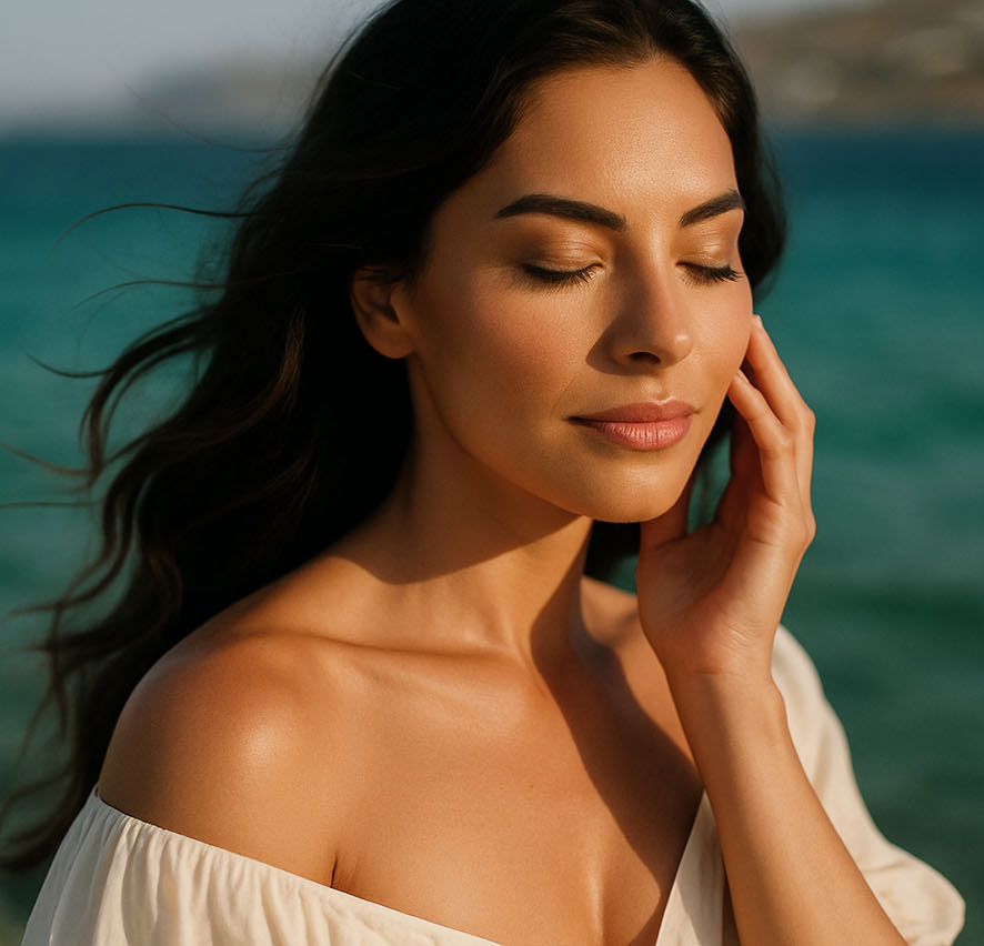 Beautiful woman with glowing skin and long wavy hair.
