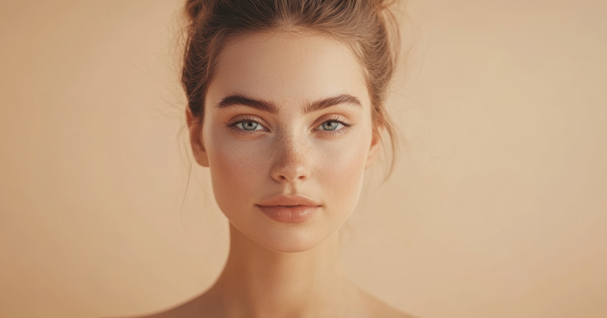 a close-up portrait of a young woman with clear, glowing skin and subtle natural makeup.